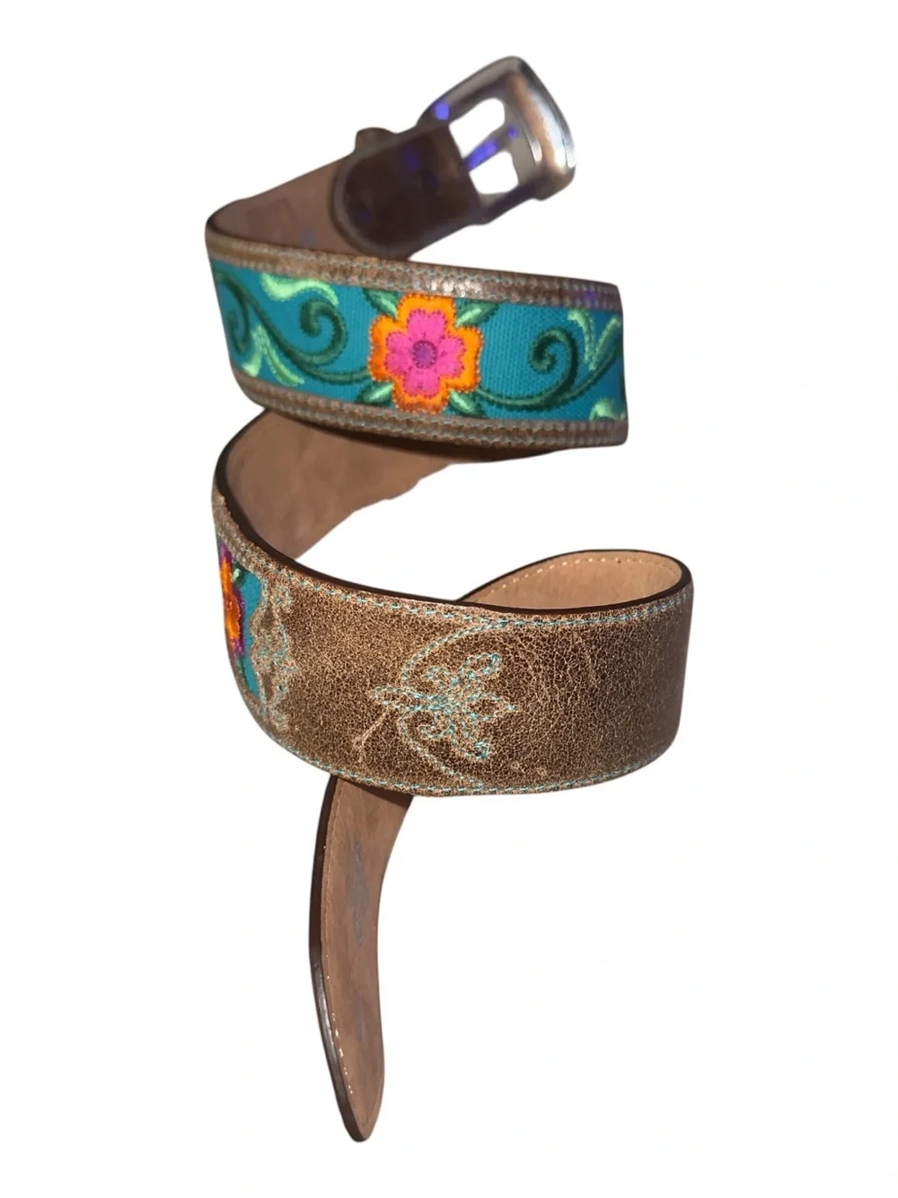 Justin  brown leather western belt teal cowgirl embroidered floral Sz 30